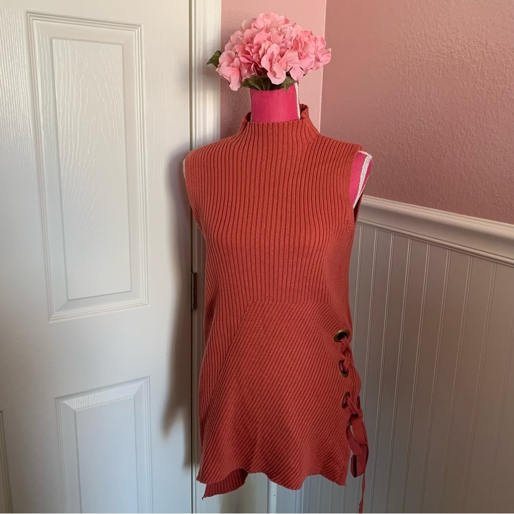Rust colored Sleeveless Mock Turtleneck Tank with Tie Detail, Sweater Material